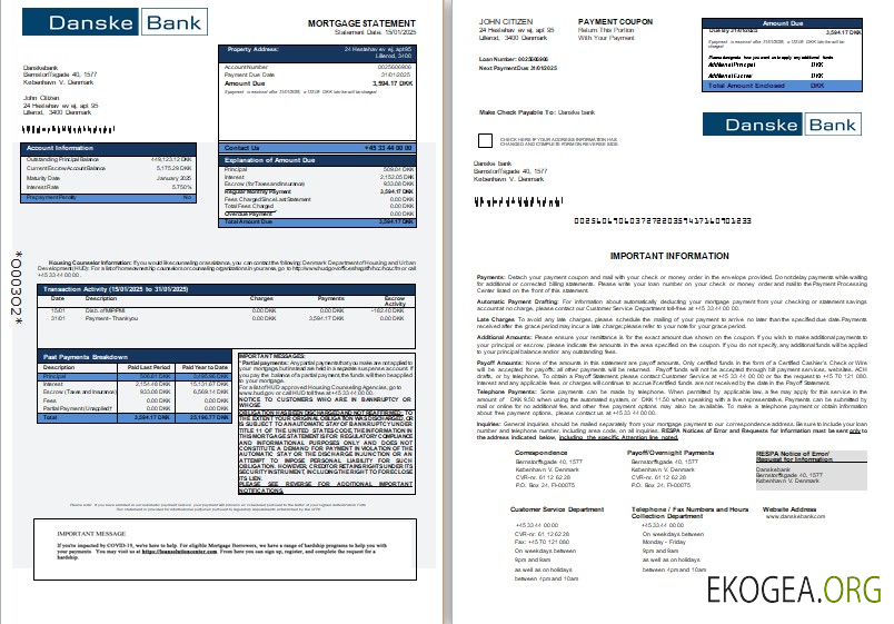 Danemark Relevé hypothécaire de la banque Danskebank, 3 pages, 1, 2 scr